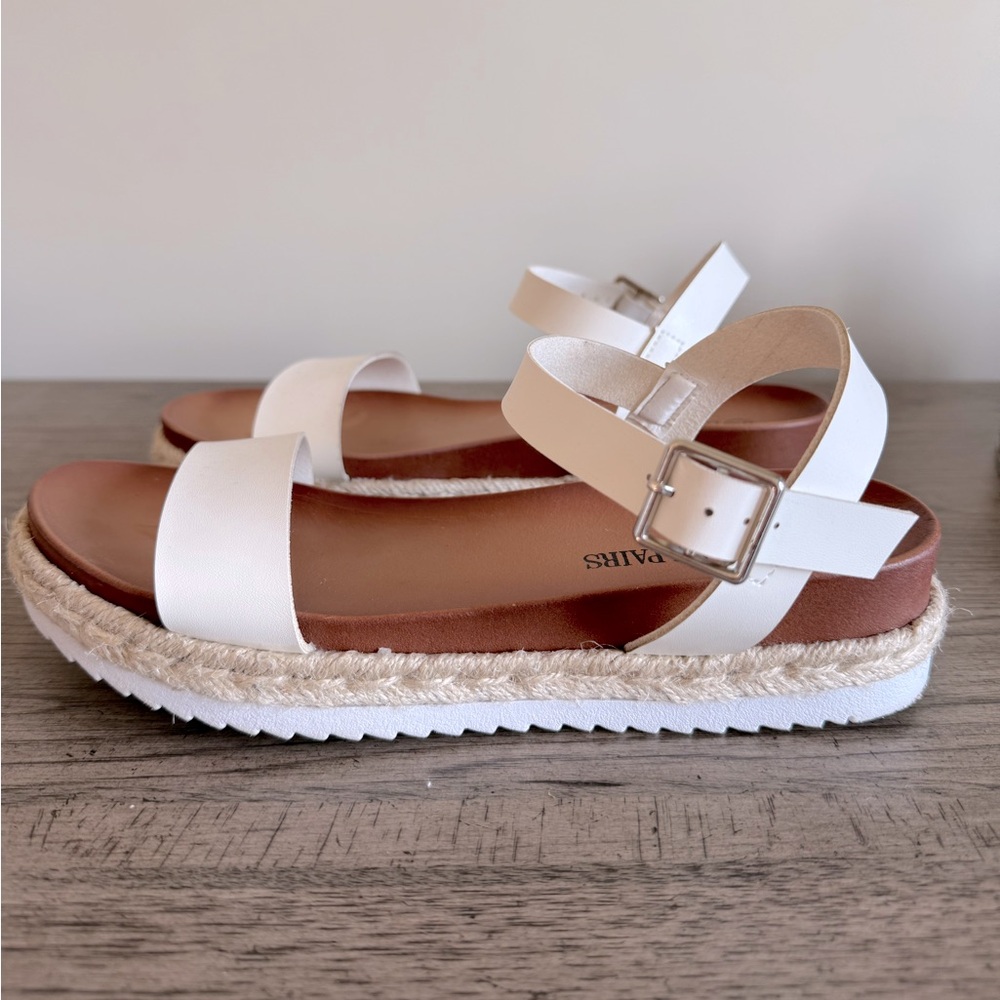 White Leather Platform Espadrille Sandals EUC Tan Ankle Strap Wedge Strappy - Picture 6 of 10